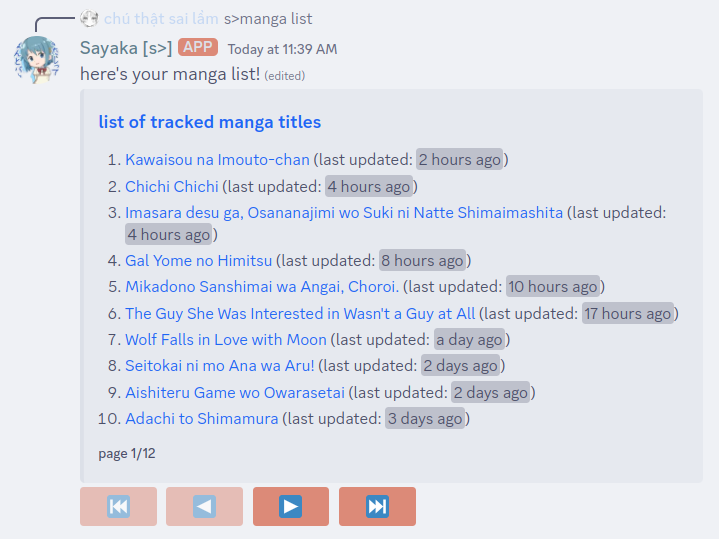 The message output for Sayaka's manga list